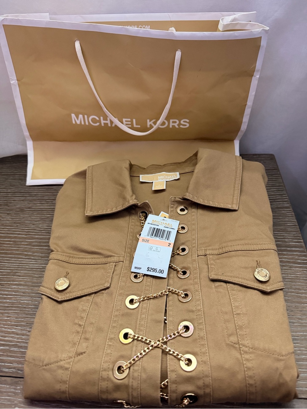 Michael Kors Men’s Tan Lace-Up Utility Shirt Jacket with Gold Hardware